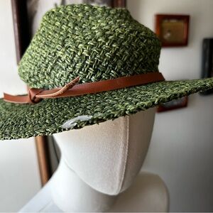 Anthropologie Green Straw Woven Trimmed Rancher Sun Hat w/ Adjustable Tie